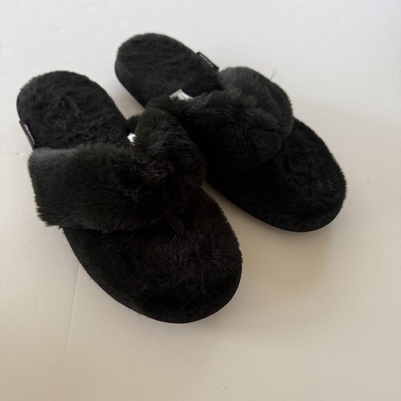 Muk Luks Womens Black Faux Fur Plush Slide Slippers Size 10 Rubber Non-Slip Sole - Picture 1 of 6